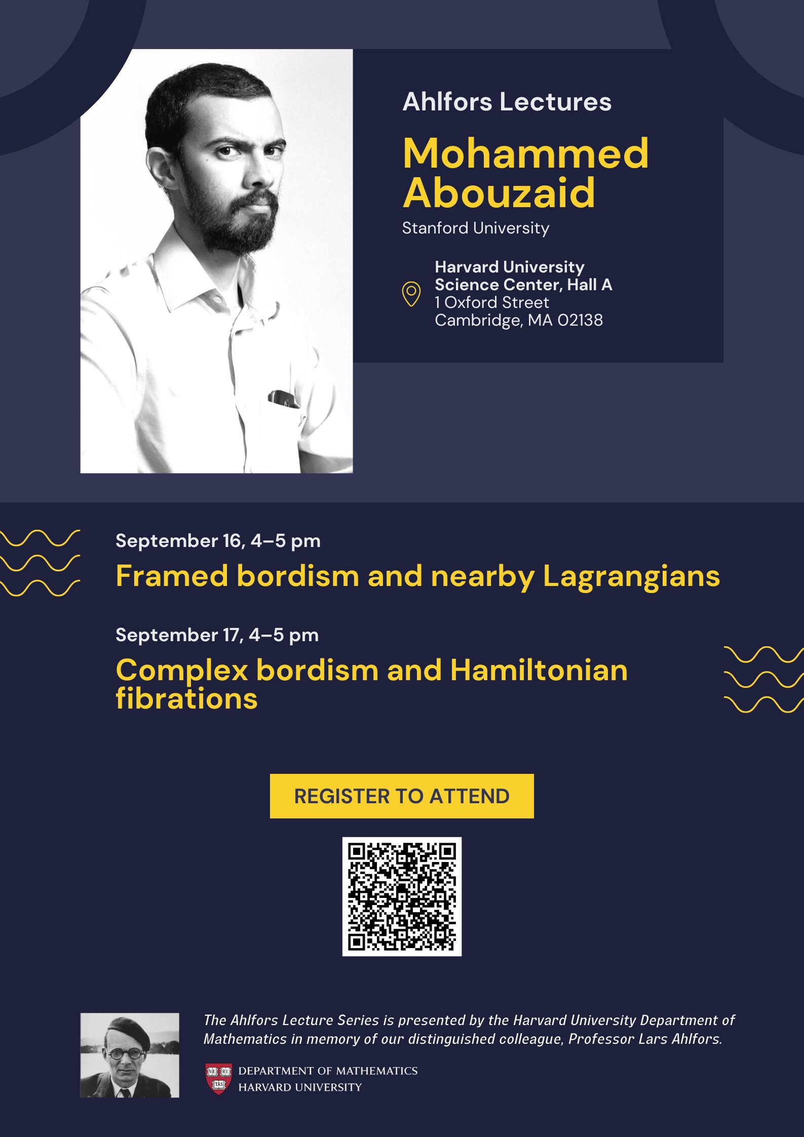 A poster for the 2026 Ahlfors Lecture Series with details about the event.