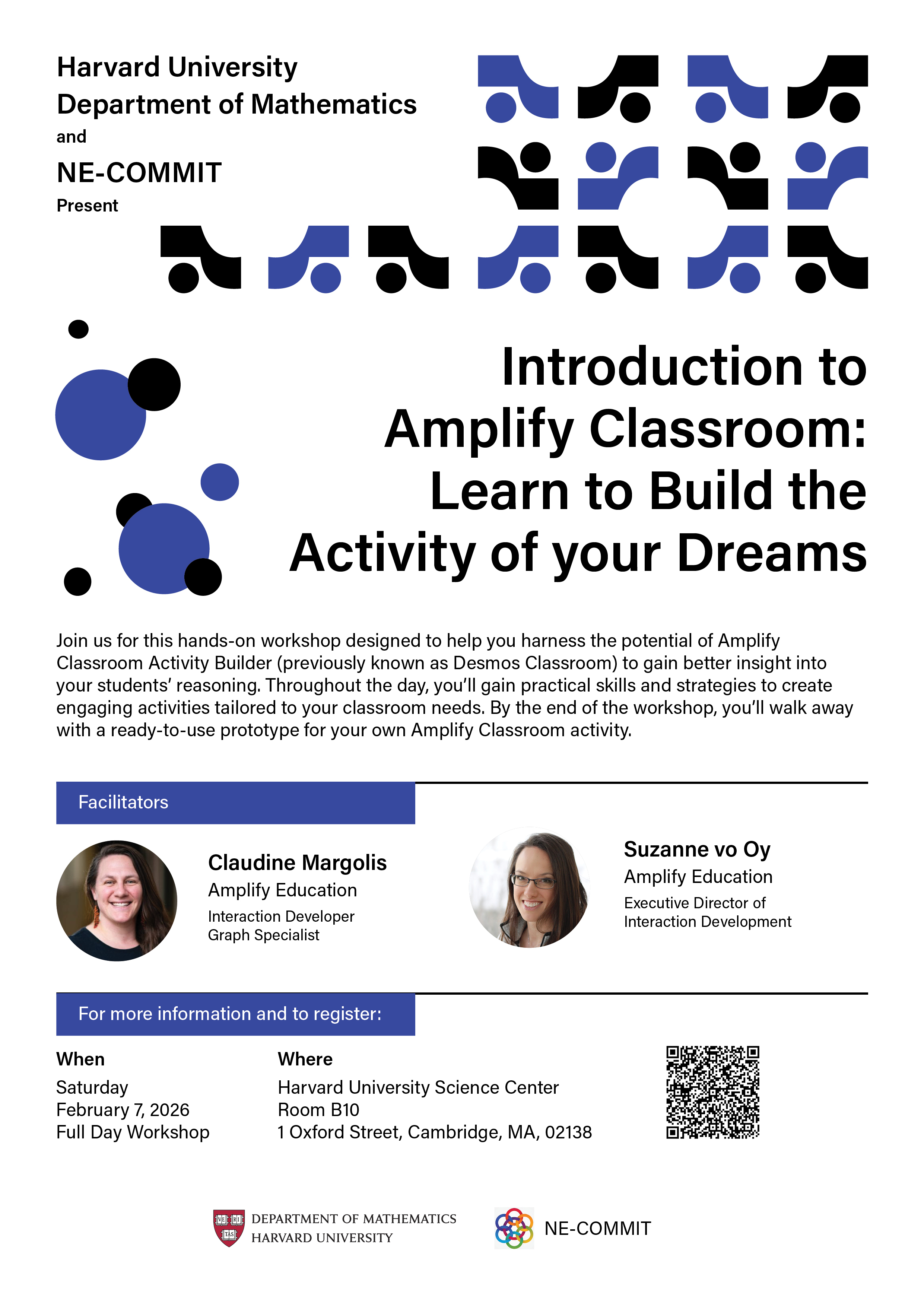 A revised poster with details about a February, 2026 workshop hosted by the Harvard Department of Mathematics and NE-COMMIT.