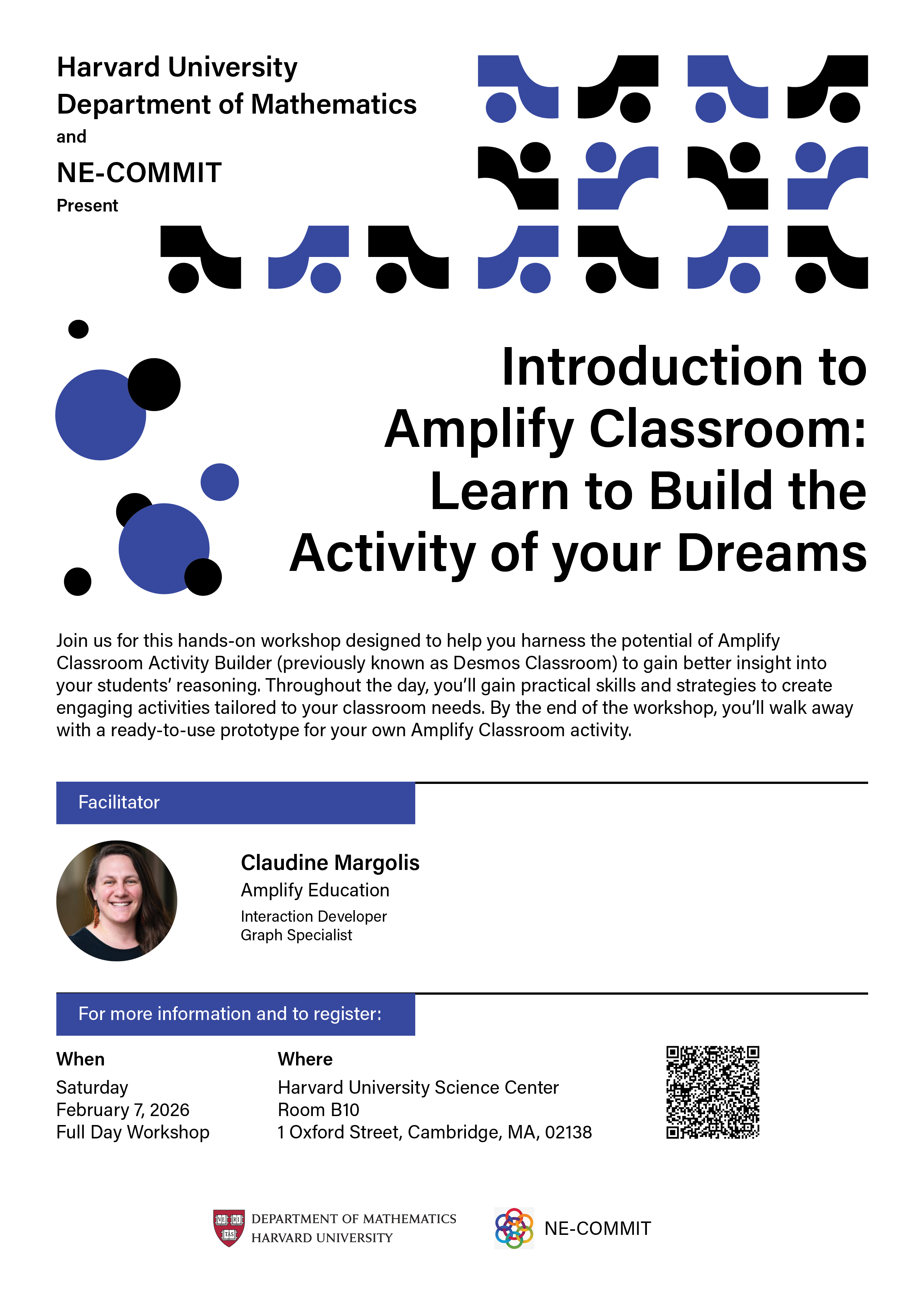 A poster with details about a February, 2026 workshop hosted by the Harvard Department of Mathematics and NE-COMMIT.