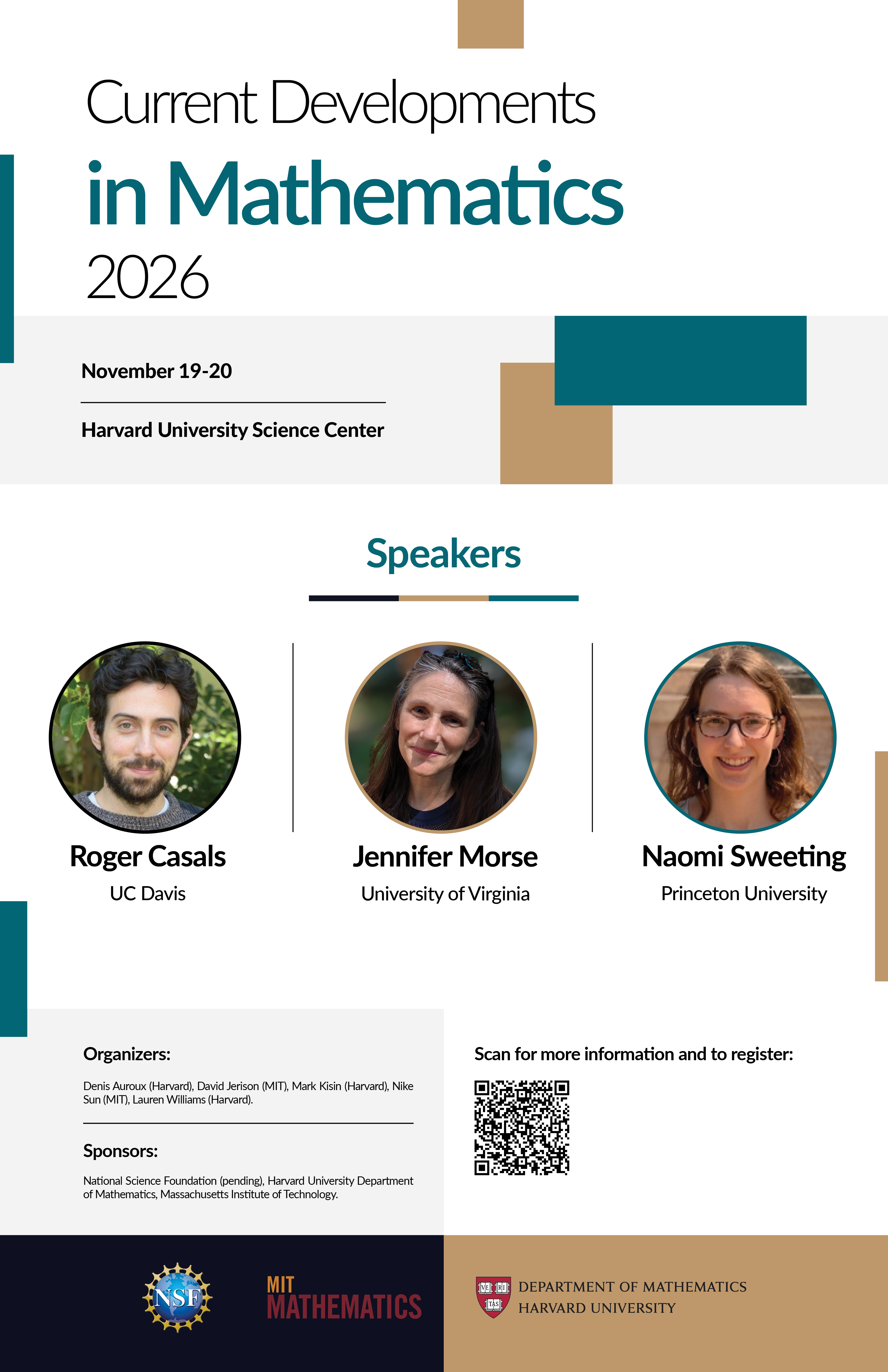 A poster with event details for the 2026 Current Developments in Mathematics conference held at Harvard.