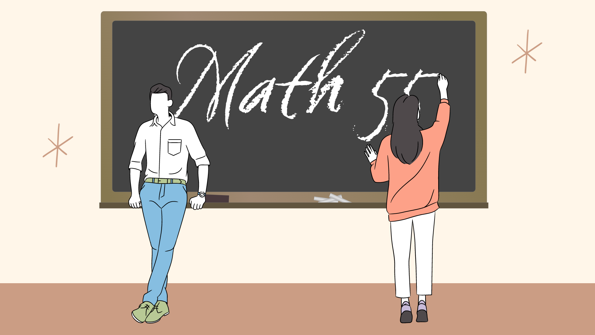 Illustration of a boy leaning against a blackboard and a girl writing Math 55 on it with chalk.