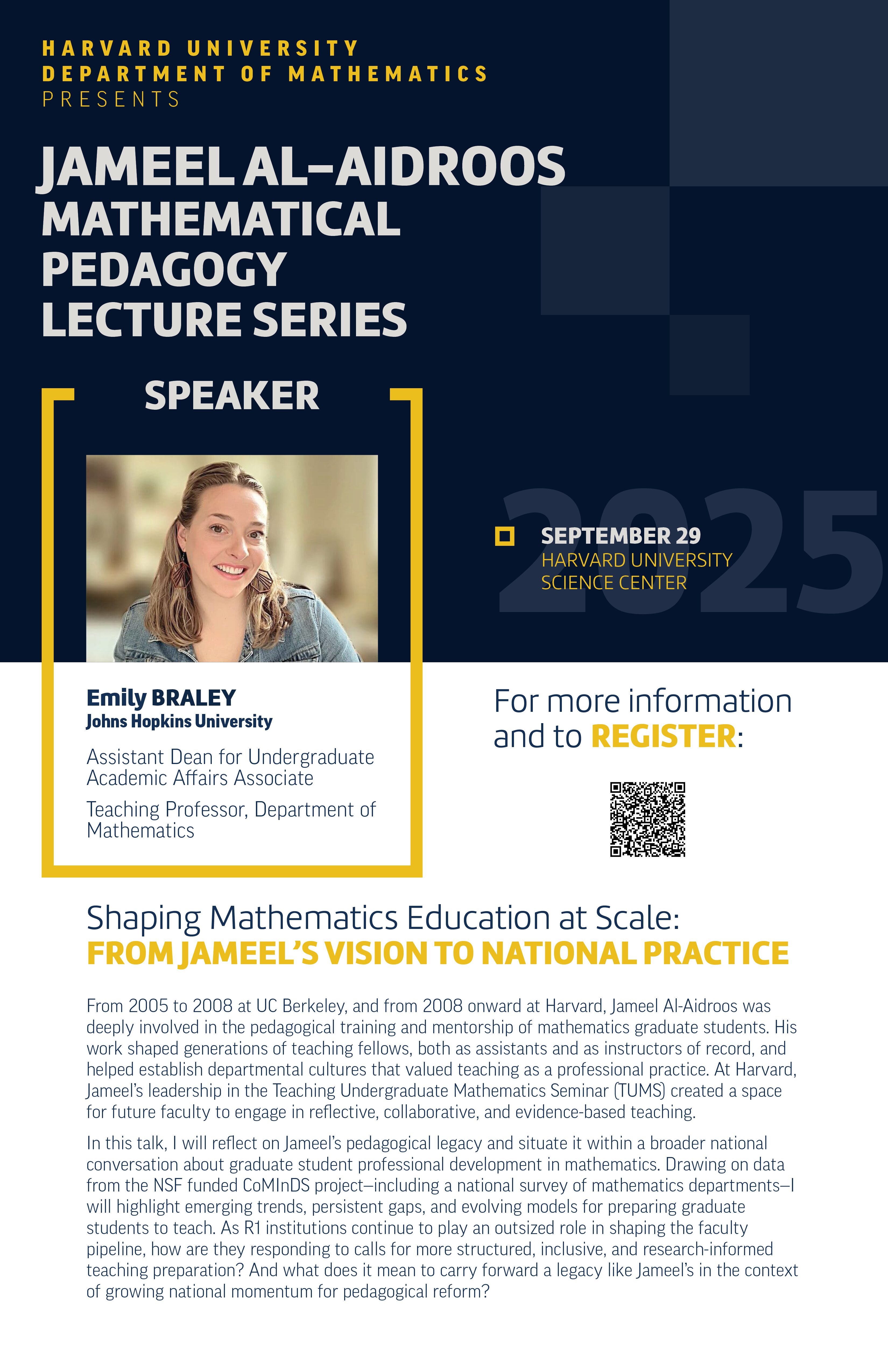 A poster for the Harvard math department 2025 Jameel Al-Aidroos Mathematical Pedagogy Lecture Series.