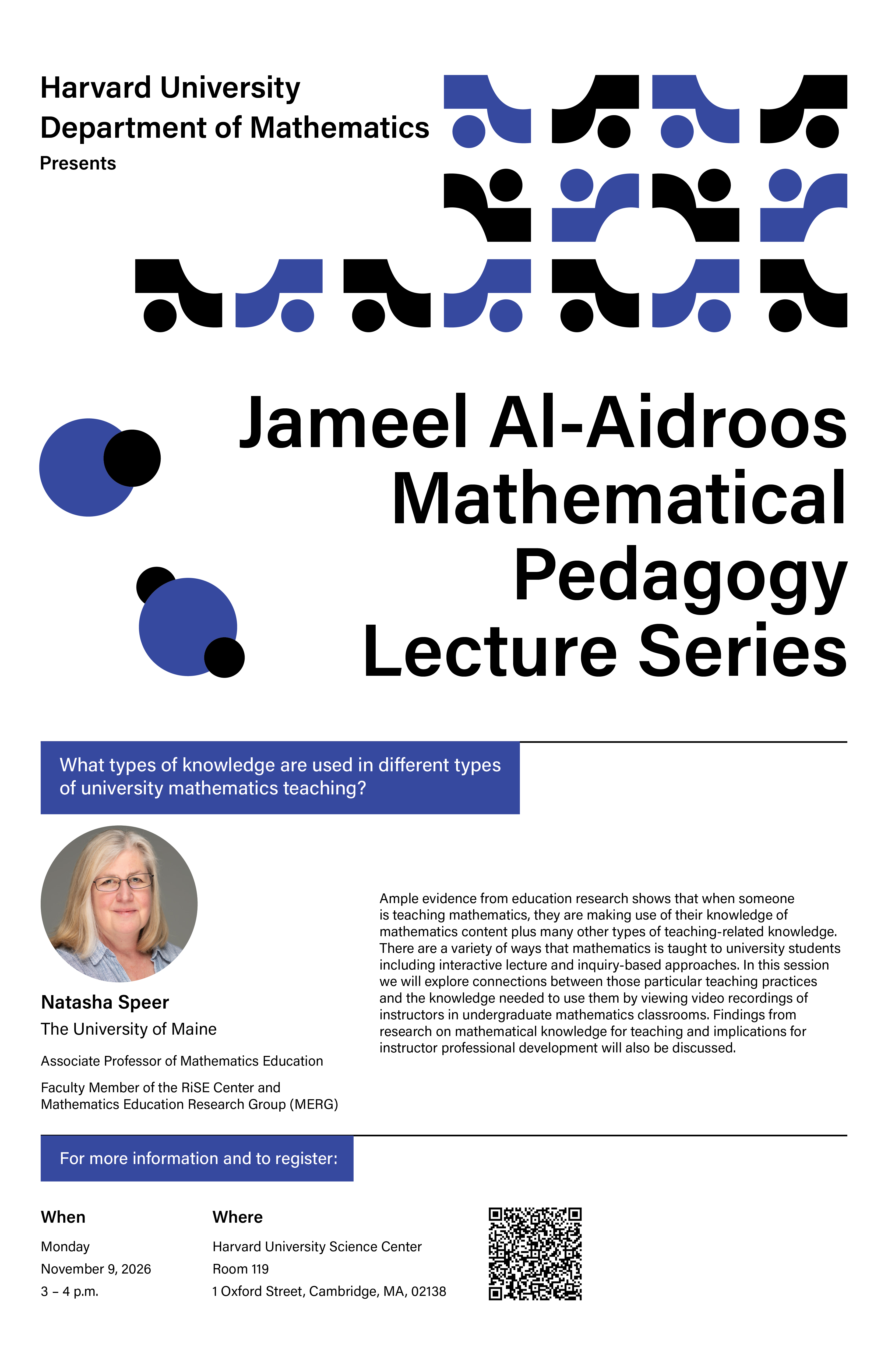 A poster with event details for the 2026 Jameel Al-Aidroos Mathematical Pedagogy Lecture Series held at Harvard.