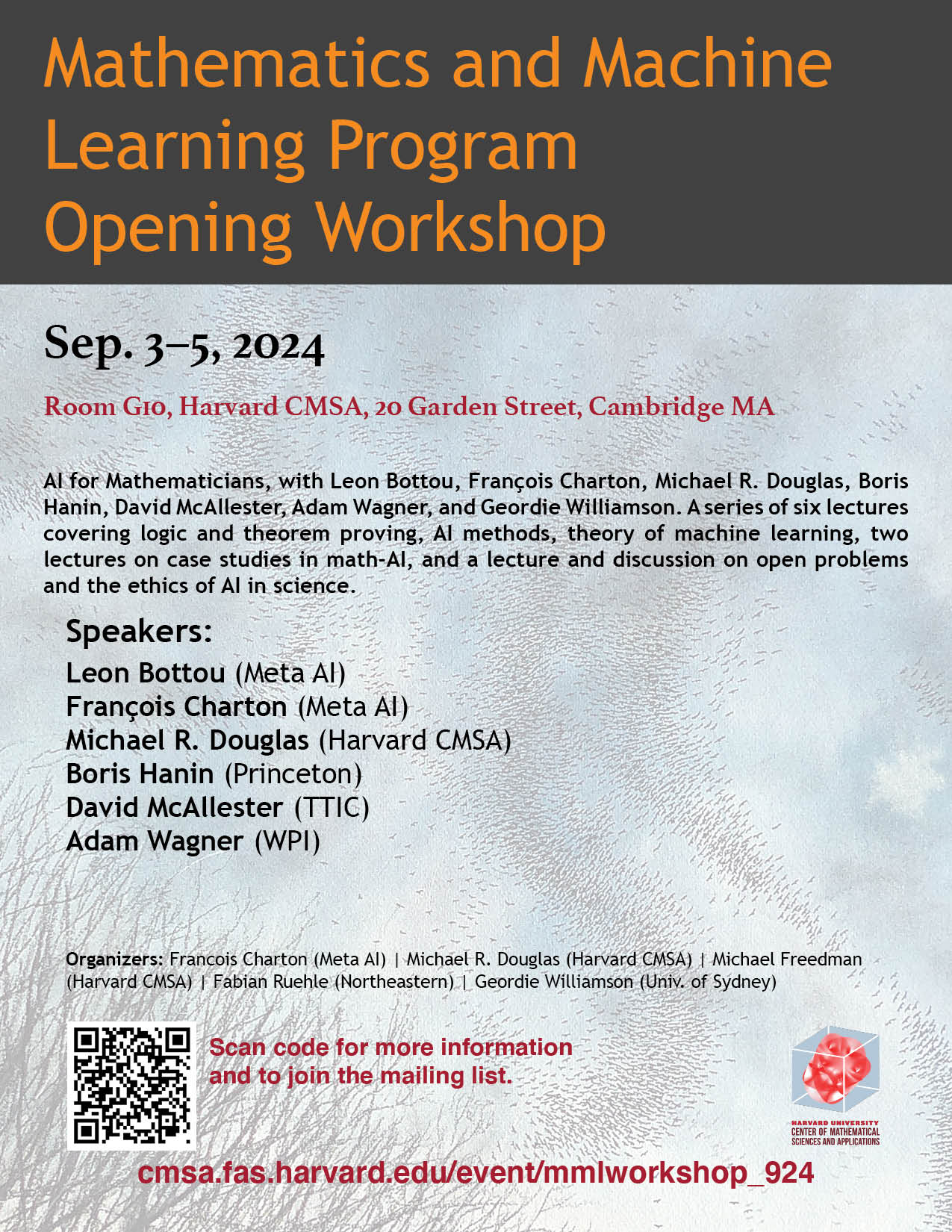 A poster advertising the Harvard CMSA Mathematics and Machine Learning Program Opening Workshop.