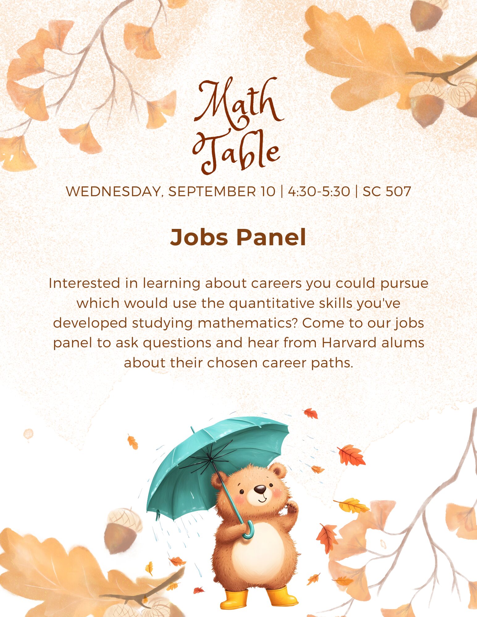 A poster with details about the September 10, 2025 Harvard Math Table jobs panel.