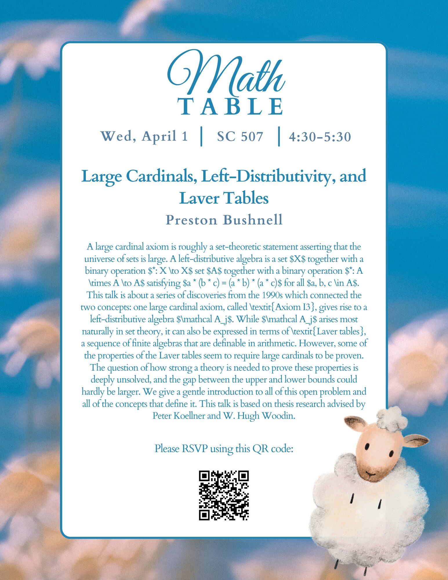 A poster with details about the April 1, 2026 Harvard Math Table talk.