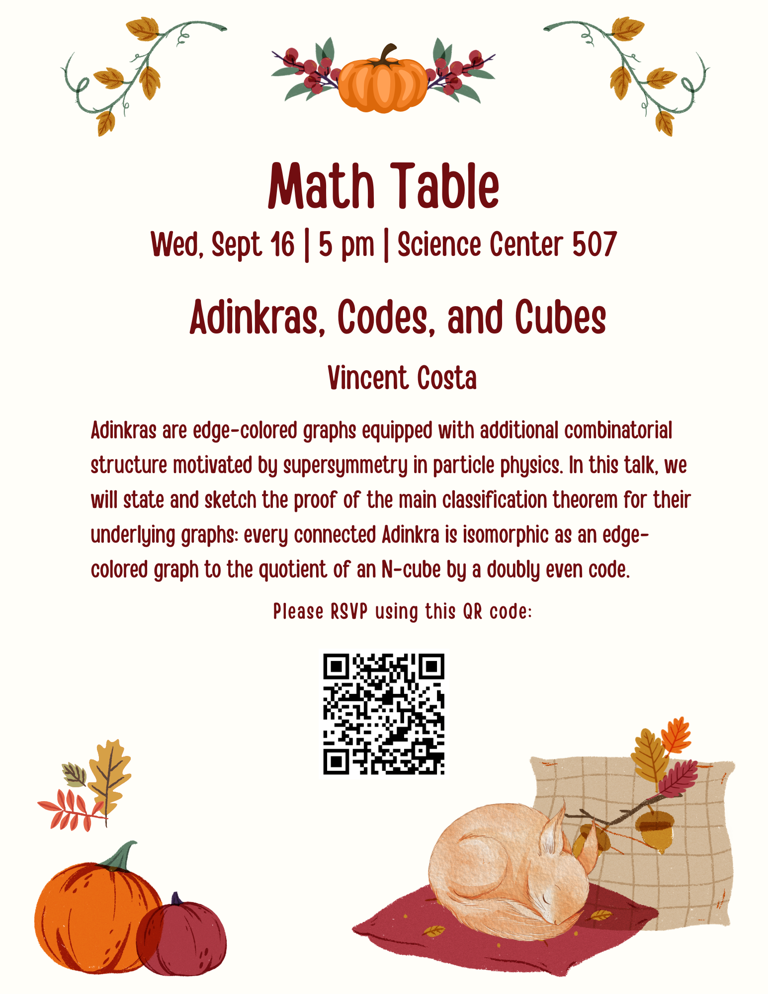 A poster with details about the September 16, 2026 Harvard Math Table talk.