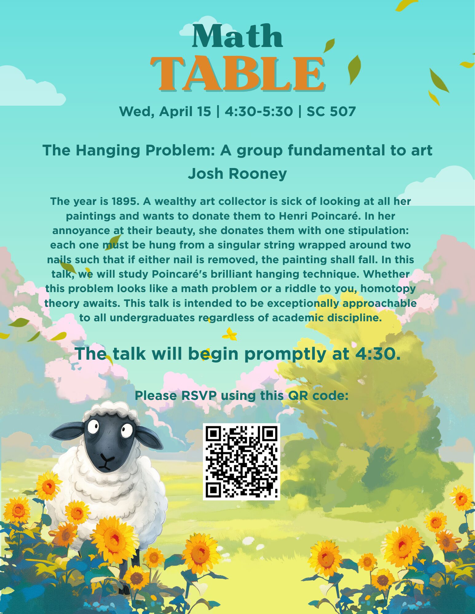 A poster with details about the April 15, 2026 Harvard Math Table talk.