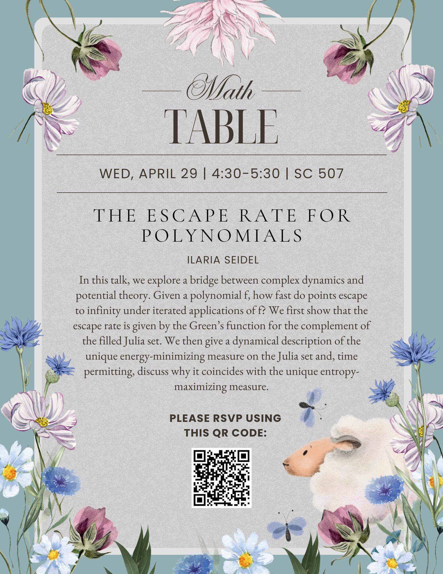 A poster with details about the April 28, 2026 Harvard Math Table talk.