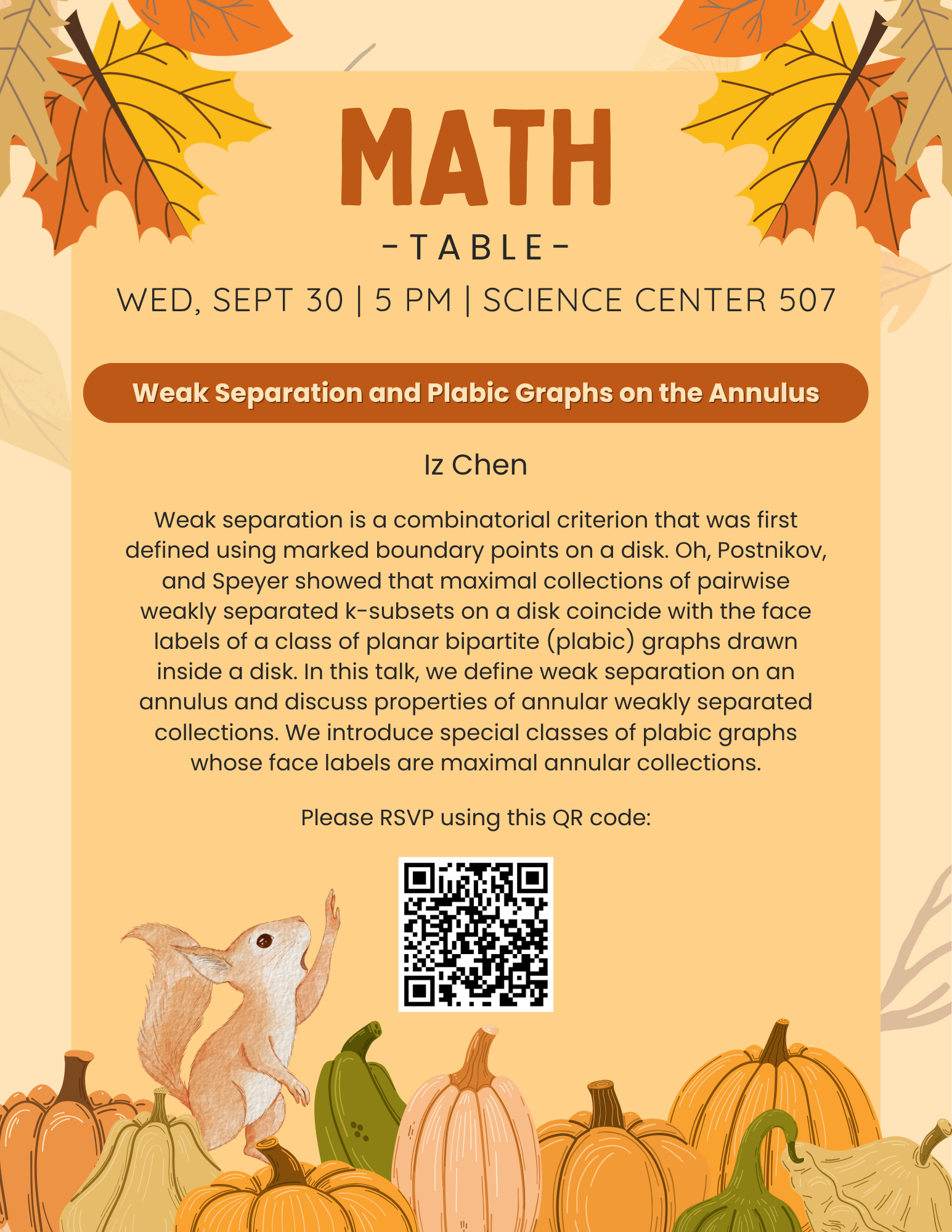 A poster with details about the September 30, 2026 Harvard Math Table talk.