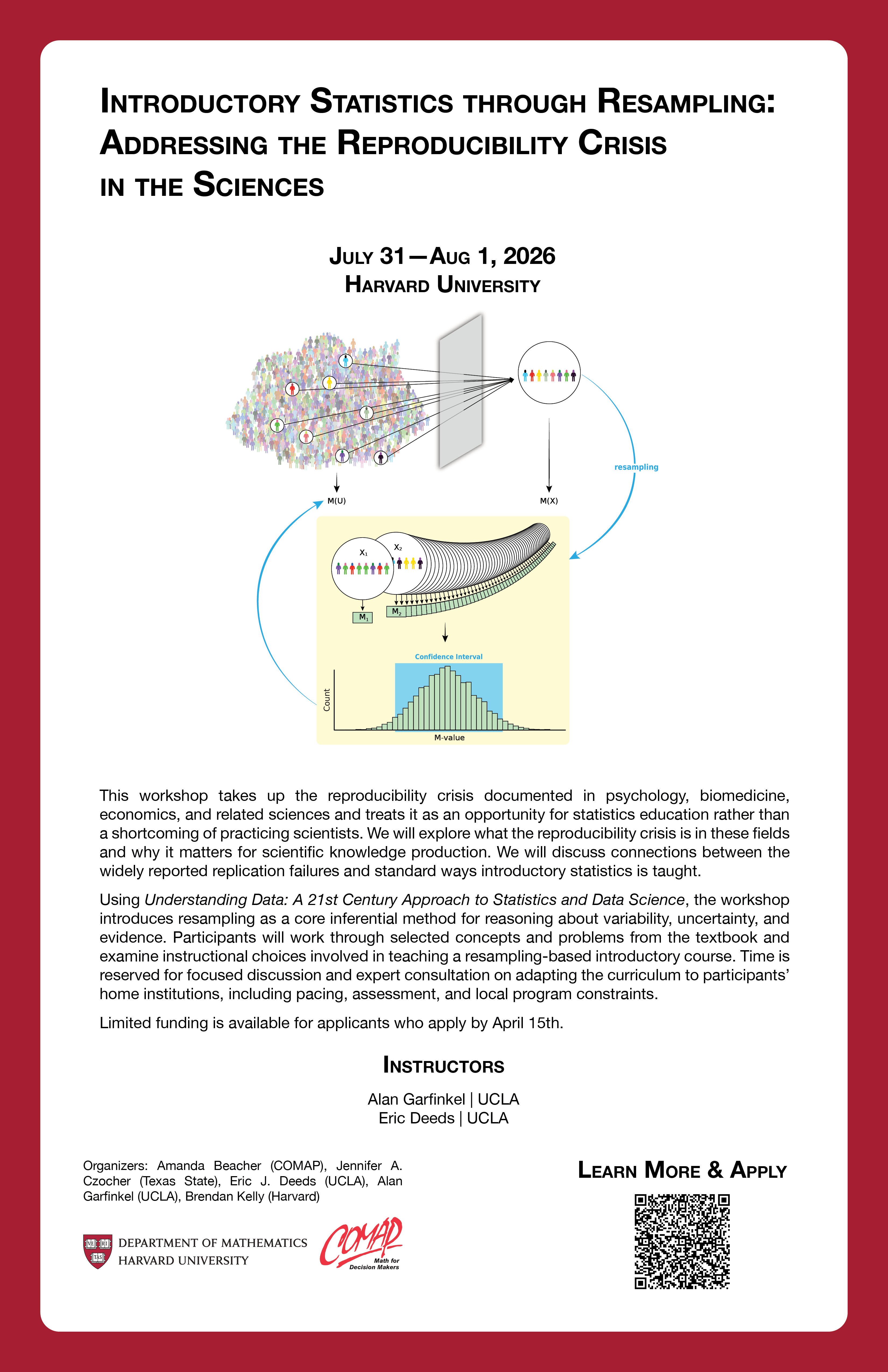 A poster with event details about the Introductory Statistics through Resampling: Addressing the Reproducibility Crisis in the Sciences workshop held at Harvard University in 2026.
