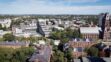 An aerial view of the Harvard Cambridge campus, including the Science Center building.
