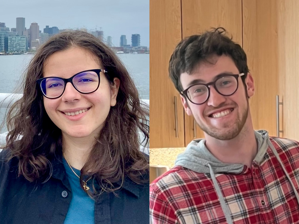 Side by side photos showing two Harvard math graduate students from the chest up. On the left is Anda Tenie wearing glasses and a blue button up shirt over a lighter blue t-shirt. On the right is Matt King wearing glasses and a red plaid shirt with a gray hood.