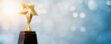 Golden star award on a black pedestal in front of blurred light flares on a blue background.