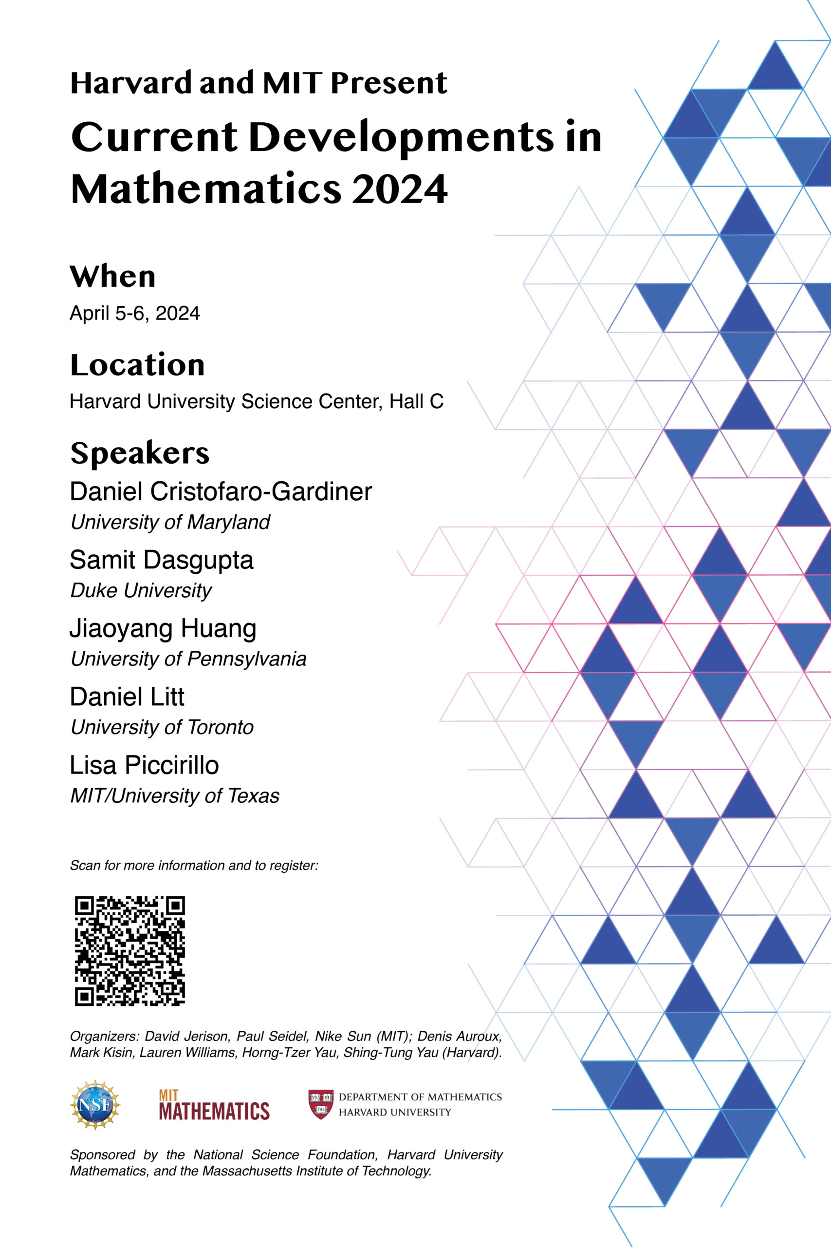 A poster detailing the time and place of the 2024 Current Developments in Mathematics conference.