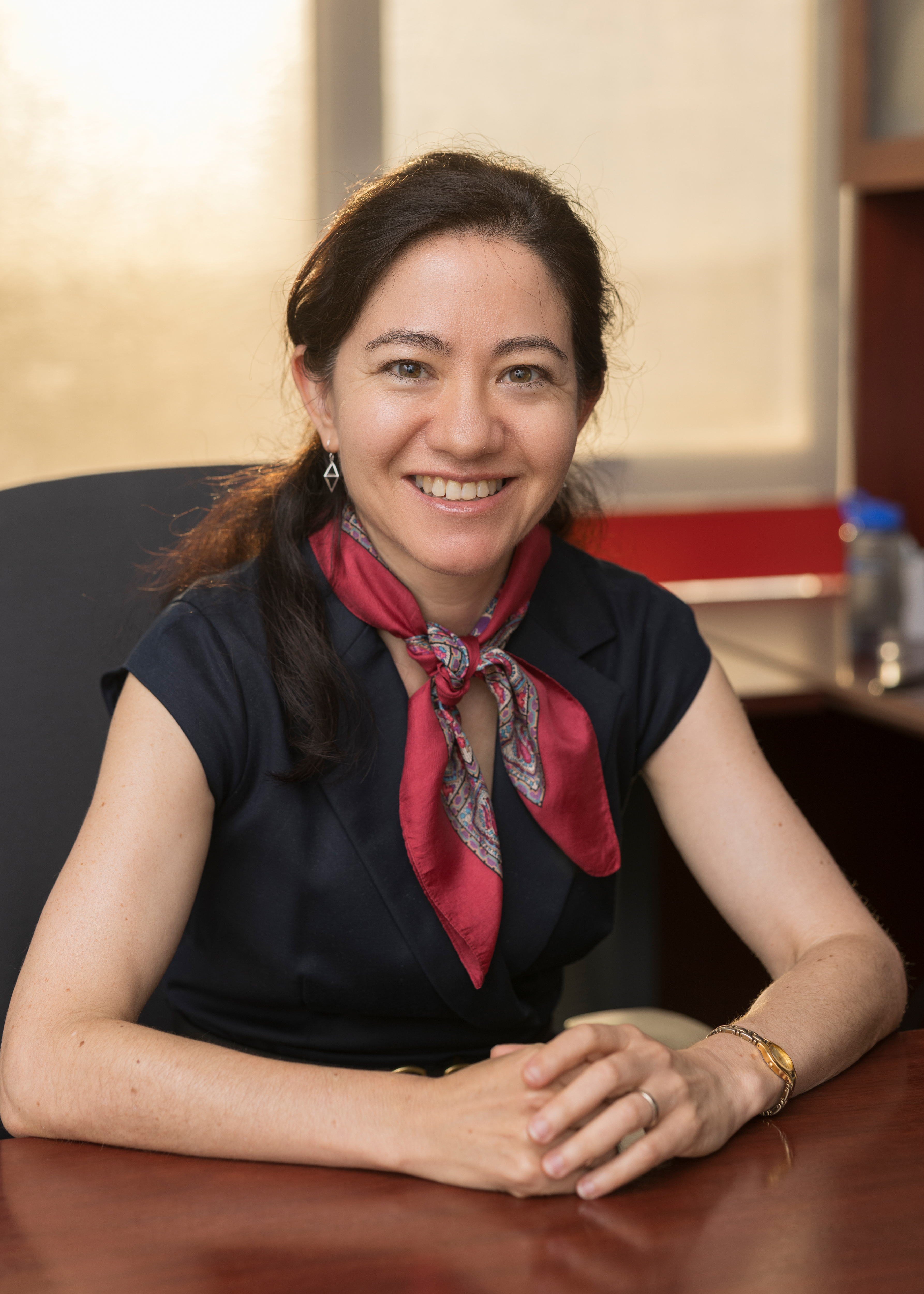 A photo of Harvard math professor Lauren Williams sitting behind a desk and smiling at the camera.